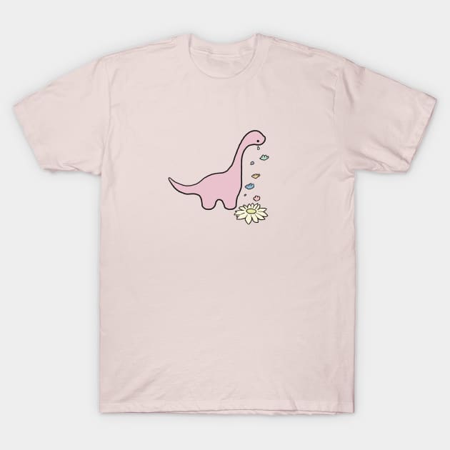 Cute Pink Kawaii Dinosaur Crying Flowers T-Shirt by TotoBeibee